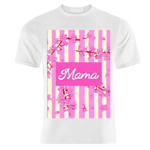 Mama Retro Pink Stripes Sakura Pattern - unique t shirt by EZbie