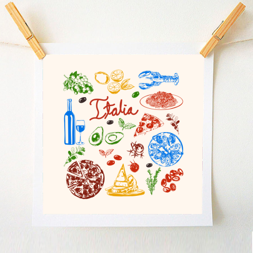 Italy Food Doodles Colorful Mediterranean Cuisine Illustration - A1 - A4 art print by EZbie