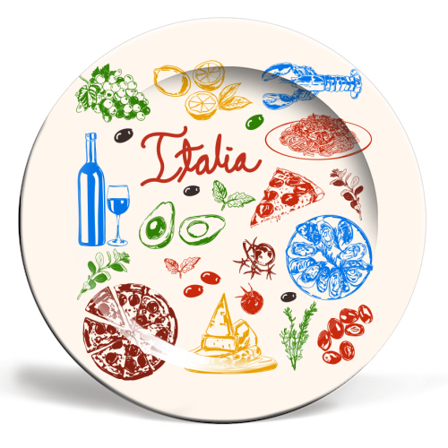 Italy Food Doodles Colorful Mediterranean Cuisine Illustration - ceramic dinner plate by EZbie
