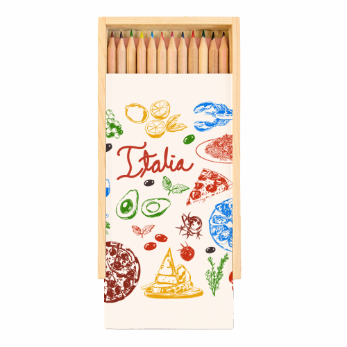 Italy Food Doodles Colorful Mediterranean Cuisine Illustration - Coloured Pencils with Box by EZbie
