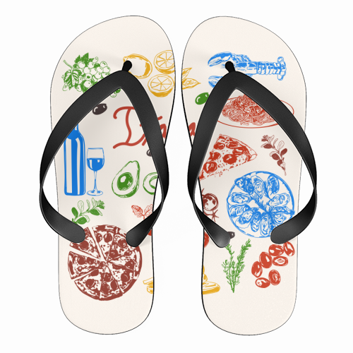 Italy Food Doodles Colorful Mediterranean Cuisine Illustration - funny flip flops by EZbie