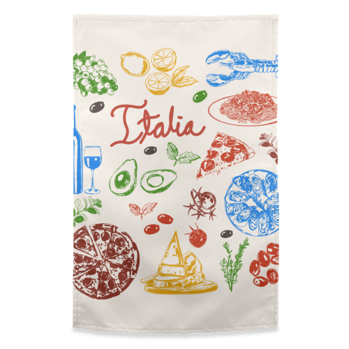 Italy Food Doodles Colorful Mediterranean Cuisine Illustration - funny tea towel by EZbie