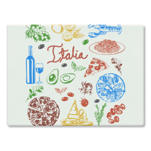 Italy Food Doodles Colorful Mediterranean Cuisine Illustration - glass chopping board by EZbie