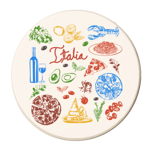 Italy Food Doodles Colorful Mediterranean Cuisine Illustration - personalised beer coaster by EZbie