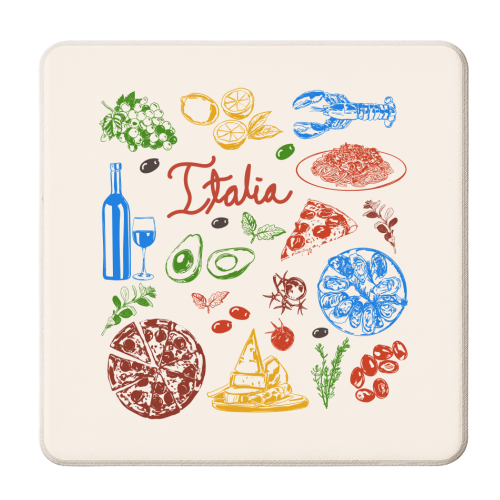Italy Food Doodles Colorful Mediterranean Cuisine Illustration - personalised beer coaster by EZbie