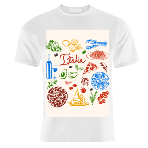 Italy Food Doodles Colorful Mediterranean Cuisine Illustration - unique t shirt by EZbie