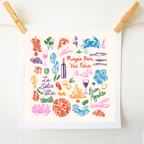 Italian Foodie Doodles – La Dolce Vita Pizza Pasta Wine Illustration - A1 - A4 art print by EZbie