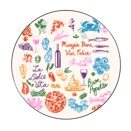 Italian Foodie Doodles – La Dolce Vita Pizza Pasta Wine Illustration - Circle Sticker by EZbie