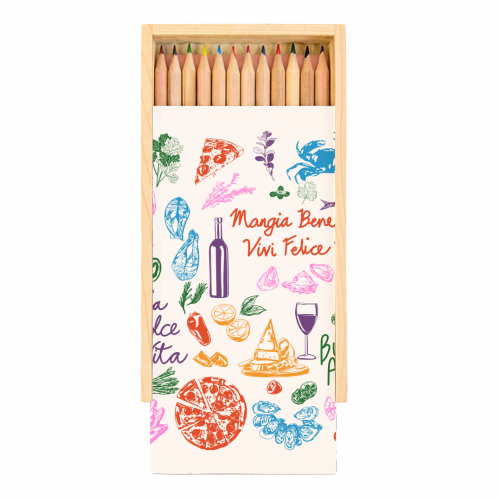 Italian Foodie Doodles – La Dolce Vita Pizza Pasta Wine Illustration - Coloured Pencils with Box by EZbie