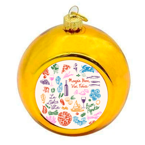Italian Foodie Doodles – La Dolce Vita Pizza Pasta Wine Illustration - colourful christmas bauble by EZbie