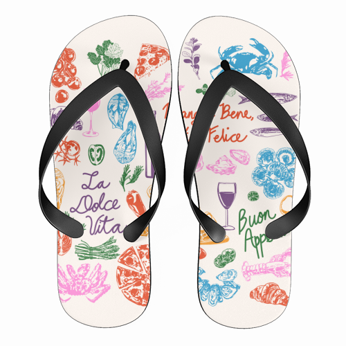 Italian Foodie Doodles – La Dolce Vita Pizza Pasta Wine Illustration - funny flip flops by EZbie