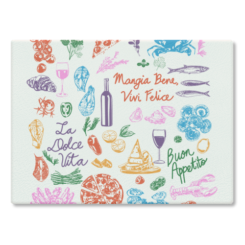 Italian Foodie Doodles – La Dolce Vita Pizza Pasta Wine Illustration - glass chopping board by EZbie