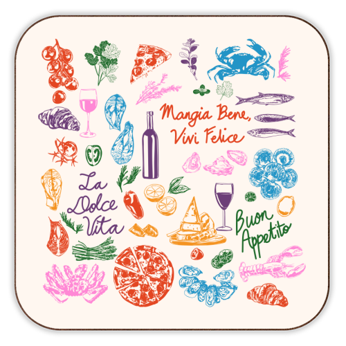 Italian Foodie Doodles – La Dolce Vita Pizza Pasta Wine Illustration - personalised beer coaster by EZbie