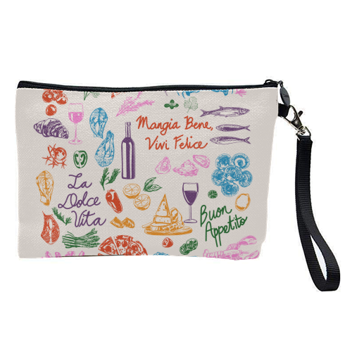Italian Foodie Doodles – La Dolce Vita Pizza Pasta Wine Illustration - pretty makeup bag by EZbie