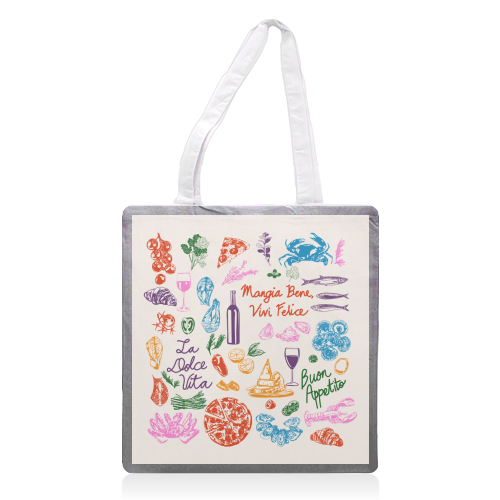 Italian Foodie Doodles – La Dolce Vita Pizza Pasta Wine Illustration - printed canvas tote bag by EZbie