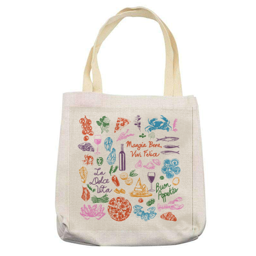 Italian Foodie Doodles – La Dolce Vita Pizza Pasta Wine Illustration - printed canvas tote bag by EZbie