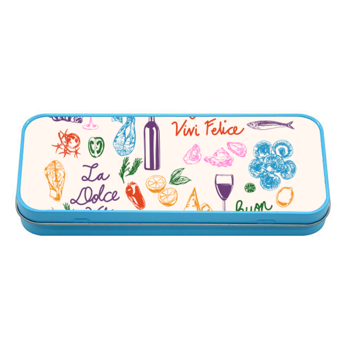 Italian Foodie Doodles – La Dolce Vita Pizza Pasta Wine Illustration - tin pencil case by EZbie