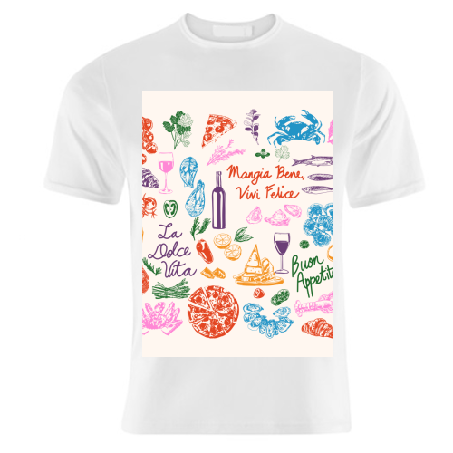 Italian Foodie Doodles – La Dolce Vita Pizza Pasta Wine Illustration - unique t shirt by EZbie