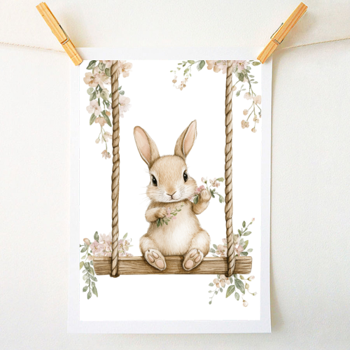Bunny in a wooden swing - A1 - A4 art print by haris kavalla