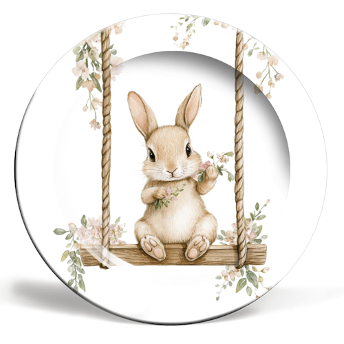 Bunny in a wooden swing - ceramic dinner plate by haris kavalla