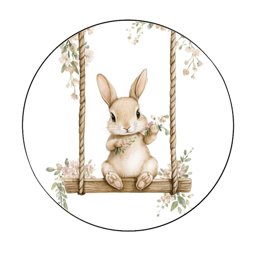 Bunny in a wooden swing - Circle Sticker by haris kavalla