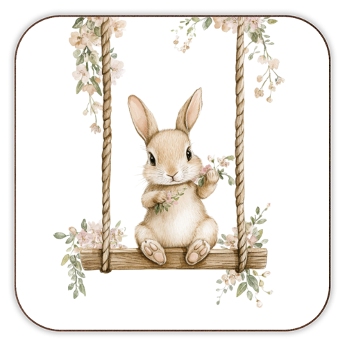 Bunny in a wooden swing - personalised beer coaster by haris kavalla