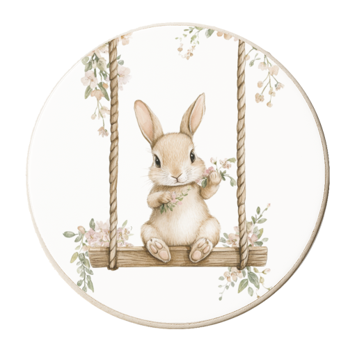 Bunny in a wooden swing - personalised beer coaster by haris kavalla
