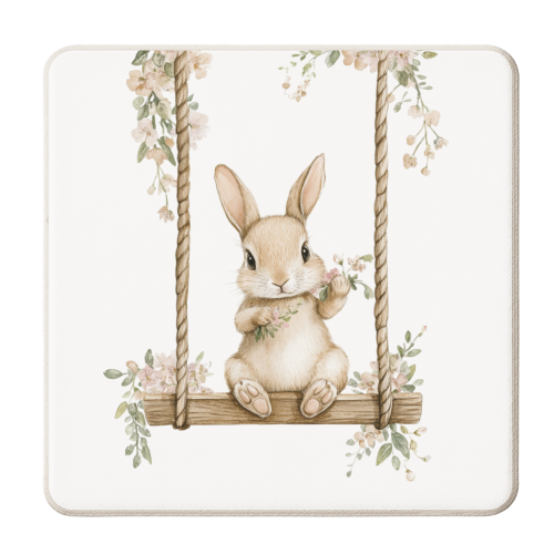 Bunny in a wooden swing - personalised beer coaster by haris kavalla