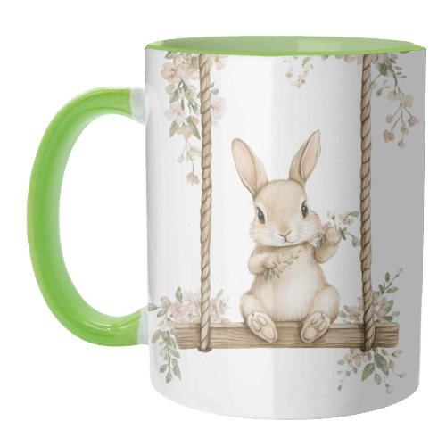 Bunny in a wooden swing - unique mug by haris kavalla