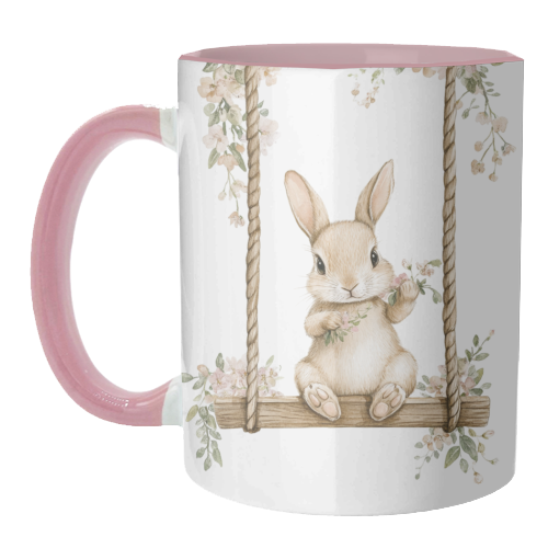Bunny in a wooden swing - unique mug by haris kavalla