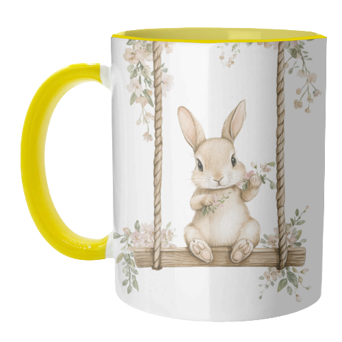 Bunny in a wooden swing - unique mug by haris kavalla