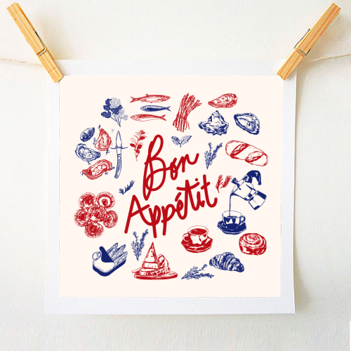 Bon Appetit Seafood and French Bread Handdrawn Gourmet Food Illustration - A1 - A4 art print by EZbie