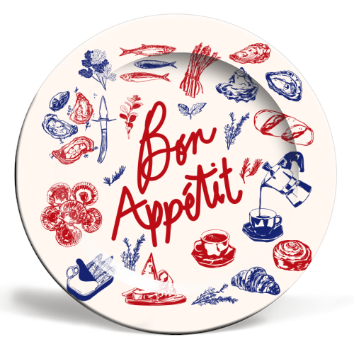 Bon Appetit Seafood and French Bread Handdrawn Gourmet Food Illustration - ceramic dinner plate by EZbie