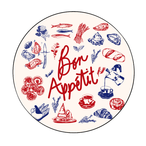 Bon Appetit Seafood and French Bread Handdrawn Gourmet Food Illustration - Circle Sticker by EZbie