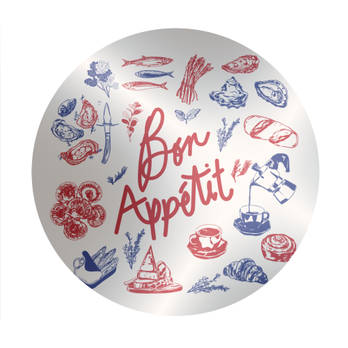 Bon Appetit Seafood and French Bread Handdrawn Gourmet Food Illustration - Circle Sticker by EZbie