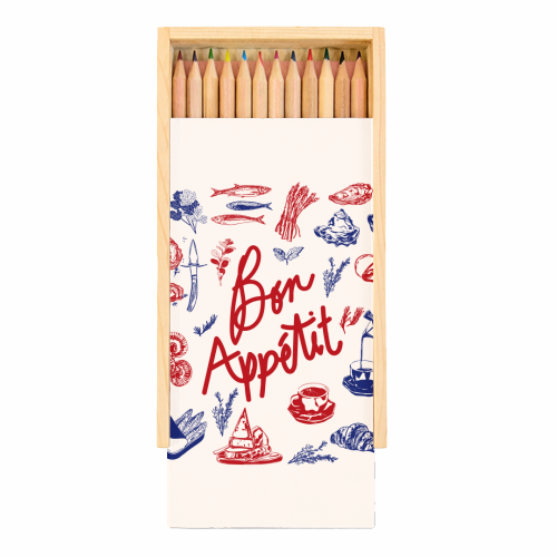 Bon Appetit Seafood and French Bread Handdrawn Gourmet Food Illustration - Coloured Pencils with Box by EZbie