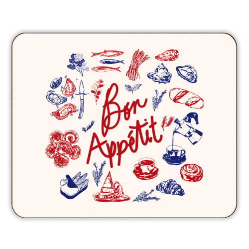 Bon Appetit Seafood and French Bread Handdrawn Gourmet Food Illustration - designer placemat by EZbie