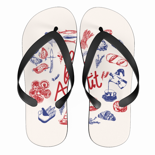 Bon Appetit Seafood and French Bread Handdrawn Gourmet Food Illustration - funny flip flops by EZbie