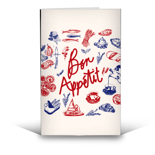 Bon Appetit Seafood and French Bread Handdrawn Gourmet Food Illustration - funny greeting card by EZbie