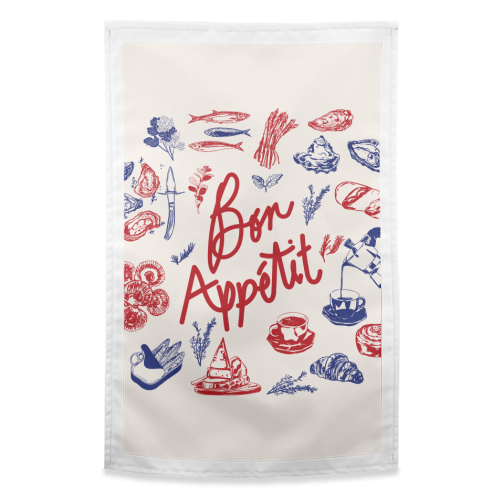 Bon Appetit Seafood and French Bread Handdrawn Gourmet Food Illustration - funny tea towel by EZbie