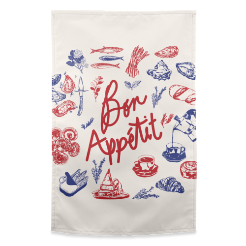 Bon Appetit Seafood and French Bread Handdrawn Gourmet Food Illustration - funny tea towel by EZbie