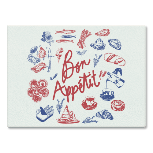 Bon Appetit Seafood and French Bread Handdrawn Gourmet Food Illustration - glass chopping board by EZbie