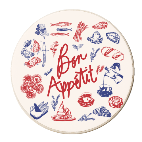 Bon Appetit Seafood and French Bread Handdrawn Gourmet Food Illustration - personalised beer coaster by EZbie