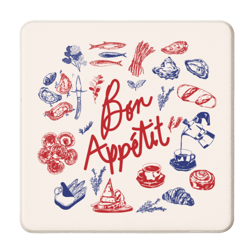 Bon Appetit Seafood and French Bread Handdrawn Gourmet Food Illustration - personalised beer coaster by EZbie