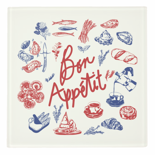 Bon Appetit Seafood and French Bread Handdrawn Gourmet Food Illustration - personalised beer coaster by EZbie