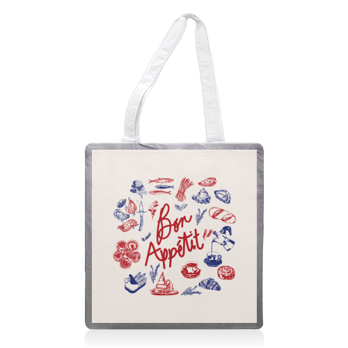 Bon Appetit Seafood and French Bread Handdrawn Gourmet Food Illustration - printed canvas tote bag by EZbie