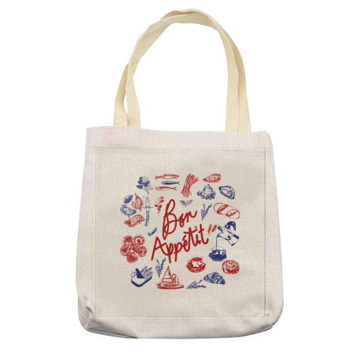 Bon Appetit Seafood and French Bread Handdrawn Gourmet Food Illustration - printed canvas tote bag by EZbie
