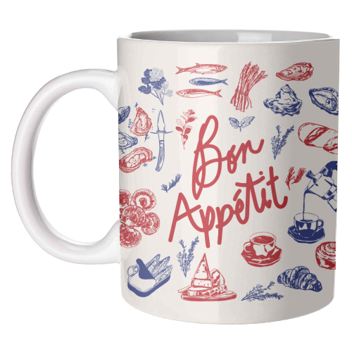 Bon Appetit Seafood and French Bread Handdrawn Gourmet Food Illustration - unique mug by EZbie