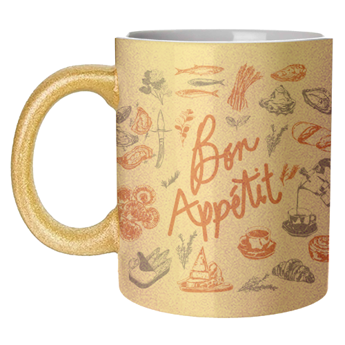 Bon Appetit Seafood and French Bread Handdrawn Gourmet Food Illustration - unique mug by EZbie
