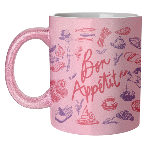 Bon Appetit Seafood and French Bread Handdrawn Gourmet Food Illustration - unique mug by EZbie